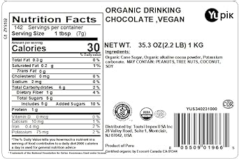 Yupik Organic Hot Chocolate Mix, Vegan, 2.2 Lb, Drinking Chocolate, Hot Cocoa Mix, Lactose-Free, Dissolves Easily, Alkaline Cocoa Powder, Gluten-Free, Plant-Based