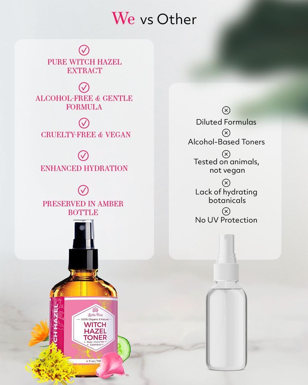 Witch Hazel Alcohol Free Toner By Leven Rose, 100% Pure Organic Facial Rose Water With Rose Petals, Calendula, Cucumber, And Chamomile Flower 4 Oz : Beauty & Personal Care