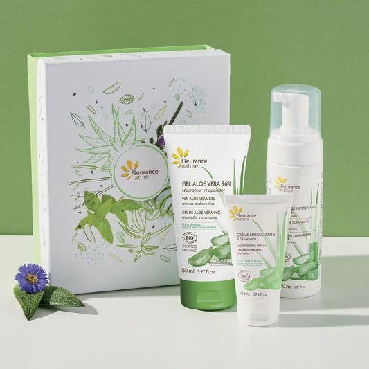 Fleurance Nature Organic Aloe Vera Gift Set, 96% Aloe Vera Gel, Moisturizing Cream, Cleansing Lotion
