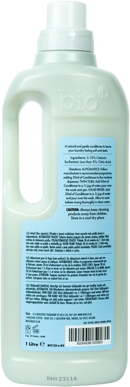 Bio D Extra Concentrated Liquid Fabric Conditioner Fragrance Free 1L | 33 Washes | Allergy Free | Vegan | Cruelty Free