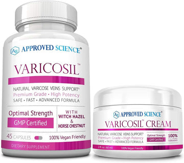 Approved Science Varicosil - Varicose Veins Support Supplement - 1 Bottle (45 Capsules) + 1 Cream (2Fl Oz) - Vegan