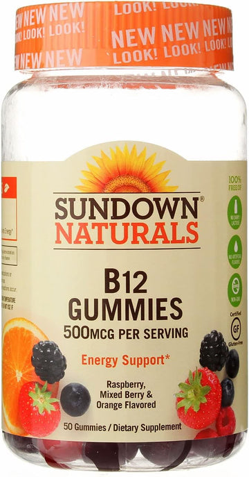 Sundown Naturals B12 Gummies - Raspberry Mixed Berry & Orange Avored 500 Mcg 50 Gummies