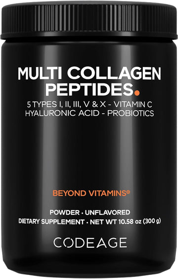 Codeage Multi Collagen Peptides Powder + Probiotics Black Edition, Vitamin C, Hyaluronic Acid Powder Supplement, Grass-Fed, Hydrolyzed, Zero Carbs, Type I, Ii, Iii, V & X, Unflavored, 10.58Oz