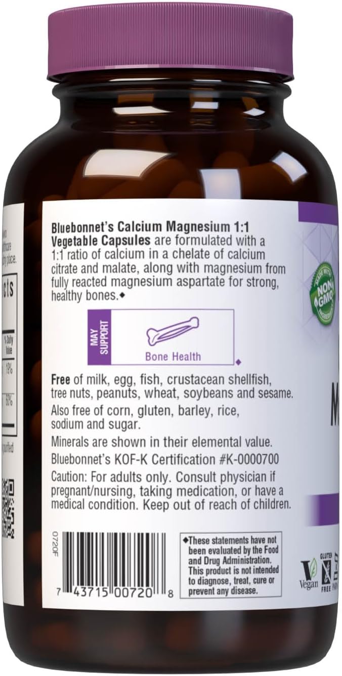 Bluebonnet Calcium Magnesium 1:1 Ratio Vegetarian Capsules, 180 Count, White