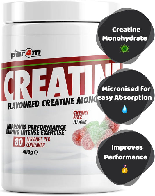 Per4M Creatine Powder | 80 Servings Of Micronised Creatine Monohydrate | Performance & Strength | 8 Flavours (400G, Strawberry Lime)