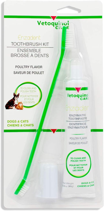 Vetoquinol Enzadent Enzymatic Toothpaste Kit + Fingerbrush & Dual-End Toothbrush For Cats & Dogs – 3.2 Oz, Poultry Flavor – Oral Dental Care Kit: Removes Plaque, Polishes Teeth & Freshens Breath