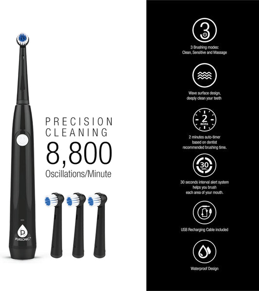 Rotating Electric Toothbrush For Adults With 3 Brush Heads - Toothbrush Electric With 3 Cleaning Modes - Usb Rechargeable Toothbrush With 2 Minute Smart Timer (Black)
