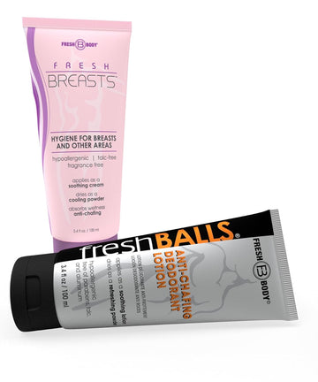 Fresh BREASTS & Fresh BALLS Bundle: Anti Chafing Deodorant Cream to Powder for Men & Women, Thighs, Legs, Groin, Breasts, Belly, Butt - Lotion is Talc Free, Aluminum Free - 3.4 fl oz
