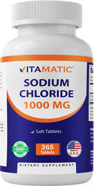 Vitamatic Sodium Chloride 1000Mg, 365 Tablets - Salt Tablets, Non-Gmo, Gluten Free - Electrolytes Replenisher Hydration Drink
