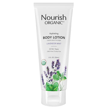 Nourish Organic Body Lotion, Lavender Mint โ Hydrating Body Lotion For Dry Skin With Certified Organic Aloe Vera, Shea Butter, Coconut Oil & Cocoa Butter (8 Oz) + Washable Cotton Round