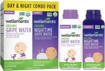 Wellements Organic Baby Gripe Water Day & Night Combo Pack | Relief for Occasional Upset Bellies from Baby Gas, Colic, Hiccups & Fussiness, Gentle*, USDA Certified Organic | Pack of 2, 4 Fl Oz