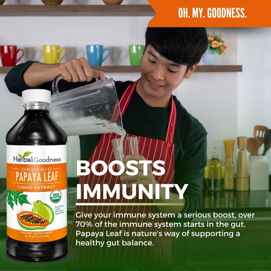 Herbal Goodness Papaya Leaf Extract Platelet Support - 15X Blood Platelet Boost, Bone Marrow & Spleen Support, Immune & Gut Health, Digestive Enzyme - Organic Kosher 16 oz Liquid Extract : Health & Household