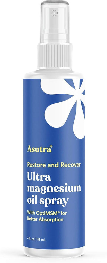 ASUTRA Ultra Topical Magnesium Oil Spray with OptiMSM, 4 Fl Oz | Rapid Absorption | Odorless and Non-Greasy