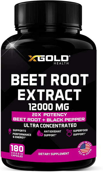 Beet Root Extract Capsules - 12000Mg 20X Concentrated Beet Root Capsules Supplement W/Black Pepper - High Nitrates - Natural Nitric Oxide Booster - Highly Concentrated & Bioavailable -180 Veggie Caps