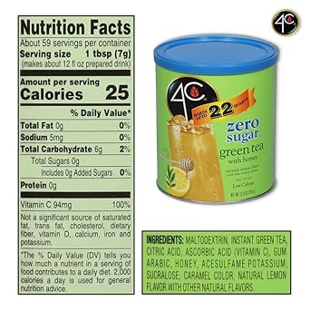 4C Light Powdered Drink Mix Cannisters, Zero Sugar Green Tea 3 Pack, 22 Quarts, Family Sized Cannister, Low Calorie, Thirst Quenching Flavors