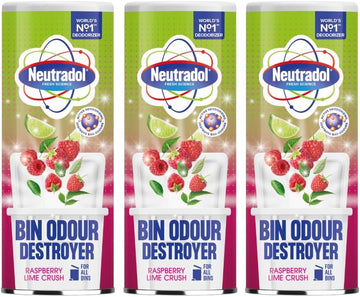 Neutradol Dustbin Odour Destroyer, Bin Freshener Deodorising Powder, Odour Eliminator For Indoor & Outdoor Bins, Raspberry Lime Crush, Multipack Of 3 X 350G