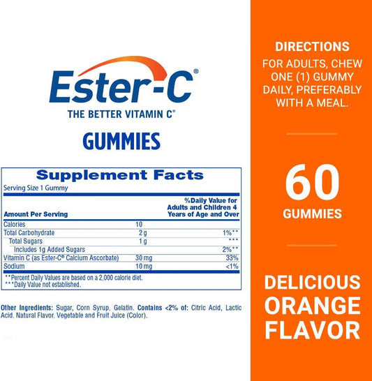 Ester-C Vitamin C Immune Charge Gummies For Immune Support, Vitamin C Gummies, Orange Flavor, 60 Count