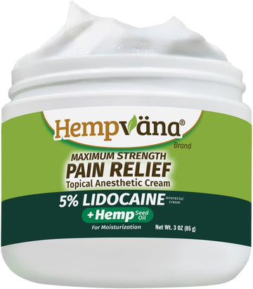 Hempvana Lidocaine 5% Relief Cream, As-Seen-On-Tv, Strongest Cream, Numbs Irritated Nerves For Fast Anorectal Relief, Enriched With Hemp Seed Oil, Non-Greasy & Odor-Free, 3-Oz Jar