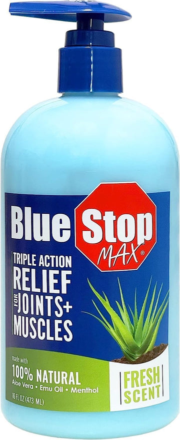 Blue Stop Max Muscle & Joint Relief Gel: Fast-Acting Sore Muscle, Back & Neck Relief Cream, Numbing Emu Oil Formula For Ankle, Leg Cramps, Tennis Elbow - 16 Oz Pump Bottle