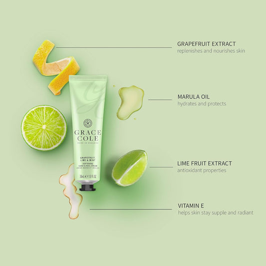 Grace Cole Grapefruit Lime & Mint Fragrance Moisturising Hand And Nail Cream 30Ml - Essential Oils - Vegan And Cruelty Free, No Sls Or Parabens - Made In England