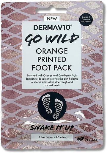 Healthpoint Derma V10 Go Wild Foot Mask, Vitamin E, Hyaluronic Acid, Orange, Cranberry Extract, Moisturises And Nourishes Feet, Softens Rough, Dry, Cracked Heels, Natural Ingredients, Vegan Friendly