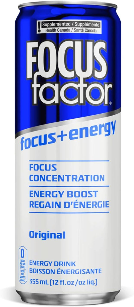 Focus Factor Energy Drink - 12 X 355Ml Cans (Original Flavour) - With Focus + Energy - Lightly Carbonated, Sugar Free, Low Calorie With Vitamin B6 & Vitamin B12