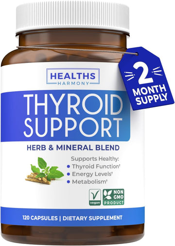 Thyroid Support With Iodine - 120 Capsules (Non-Gmo) Improve Your Energy - Ashwagandha Root, Zinc, Selenium, Vitamin B12 Complex - Thyroid Health Supplement For Women And For Men - 60 Day Supply