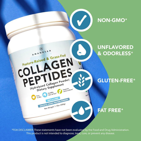 Amandean Collagen Peptides Powder (17.6Oz). Grass-Fed Hydrolyzed Protein Supplement. Promotes Healthy Joints, Skin, Hair, Nails. Unflavored & Easy To Mix