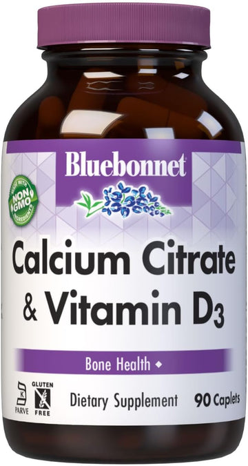 Bluebonnet Nutrition Calcium Citrate & Vitamin D3, Bone Health*, Non-Gmo, Kosher Parve, Gluten-Free, Soy-Free, 90 Caplets, 22.5 Servings
