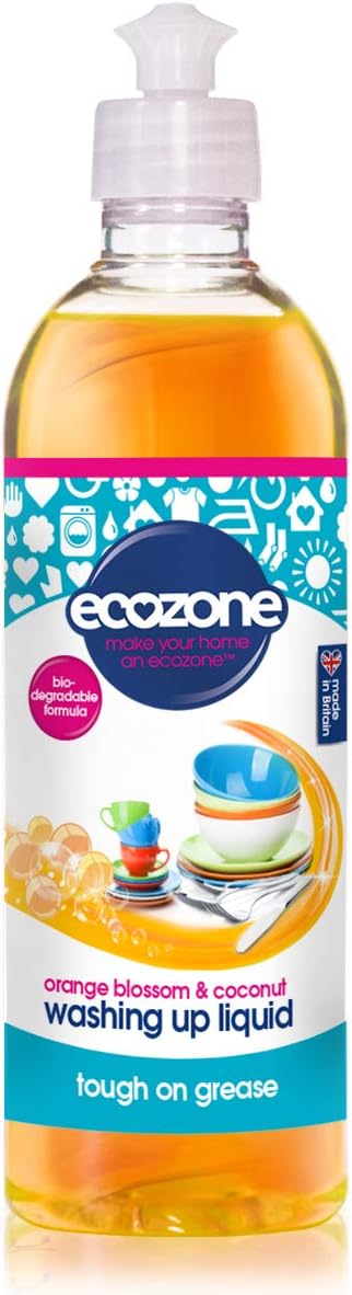 Ecozone Orange & Blossom Coconut Washing Up Liquid, Tough On Grease, Gentle Dish Washing Formula Made With Natural Plant-Based Ingredients, Vegan Friendly Kitchen Detergent (500Ml Bottle) (Pack Of 2)
