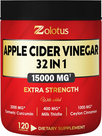 Zolotus 32 In 1 Apple Cider Vinegar Capsules, Equivalent To 15000Mg With Turmeric, Cinnamon, Milk Thistle, Elderberry, Quercetin, Best Supplement For Digestion, Immune 120 Capsules