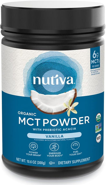 Nutiva Organic Mct Powder With Prebiotic Acacia Fiber, Vanilla, 10.6 Oz, Usda Organic, Non-Gmo, Non-Bpa, Vegan, Gluten-Free, Keto & Paleo, Instant Beverage Or Boost To Coffee & Smoothies