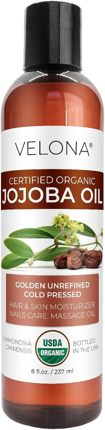 velona Organic Jojoba Oil 8 oz - 100% Pure, Unrefined Cold Pressed for Face, Hair, Body, Acne Prone Skin Care, Stretch Marks & Cuticles (With Pump)
