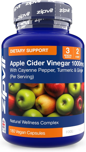 Zipvit Apple Cider Vinegar Capsules 1000Mg, High Strength Acv With Turmeric, Ginger And Cayenne Pepper, 180 Vegan Tablets, 3 Months Supply