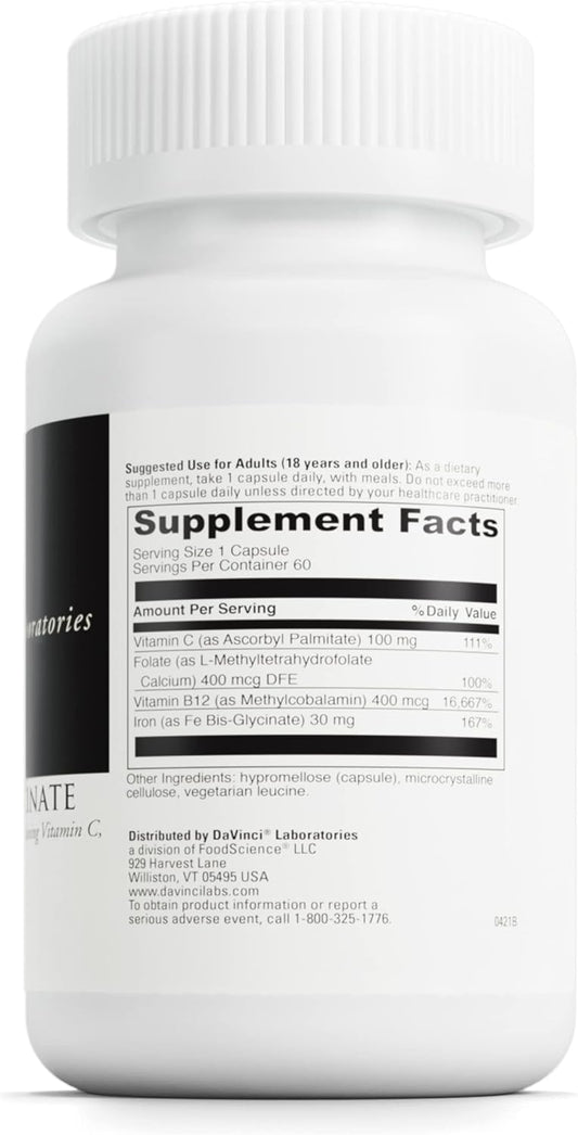 Davinci Labs Iron Bis-Glycinate - Gentle Iron Supplement For Women & Men - Help Support Hemoglobin Production & Normal Energy Levels With Vitamin C & More* - Vegan - 60 Vegetarian Capsules