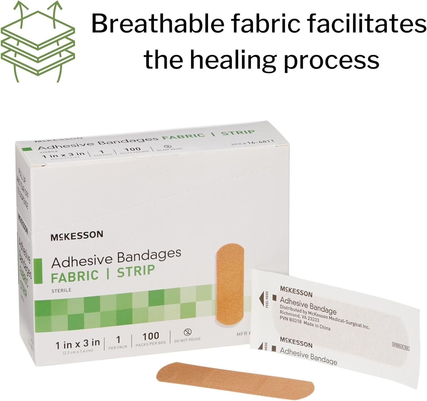 McKesson Adhesive Bandages, Sterile, Fabric Strip, 1 in x 3 in, 100 Count, 4 Packs, 400 Total