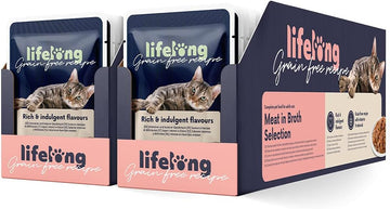 Amazon Brand - Lifelong Grainfree Complete Adult Cat Wet Food, Chicken, Duck, Turkey And Liver In Broth Selection, 4.76 Kg (56 Packs Of 85G)Cz801055-02/ Cz843