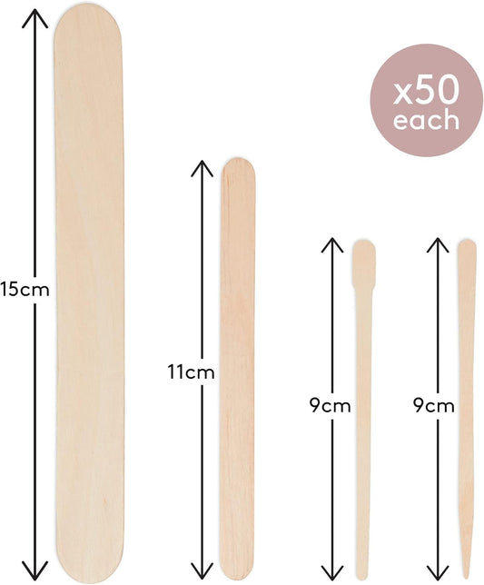 Mylee Assorted Disposable Wooden Waxing Spatulas, Pack Of 200, Smooth & Natural Wooden Sticks, 4 Sizes For Precision Hair Removal, Soft Or Hard Wax Applicator, For Body, Face, Eyebrow, Legs, Bikini