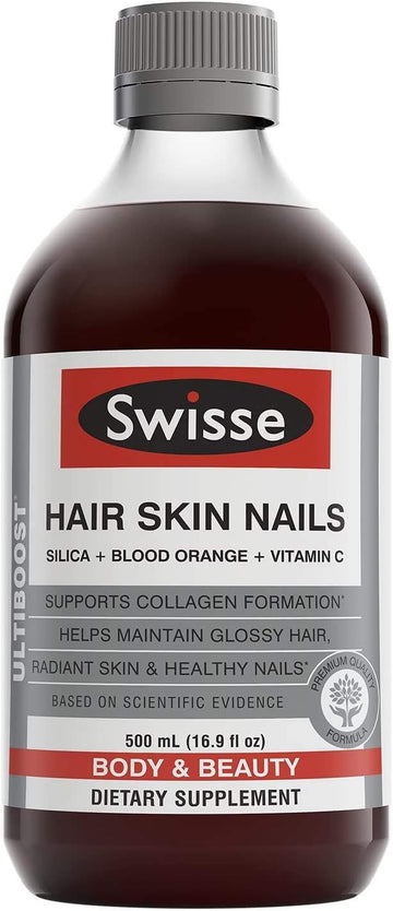 Swisse Hair Skin And Nails Vitamins For Women | Supports Hair Growth & Collagen Production | Vitamin C, Blood Orange & Silica | Glossy Hair, Radiant Skin And Healthy Nails Supplement | 16.9 Fl Oz