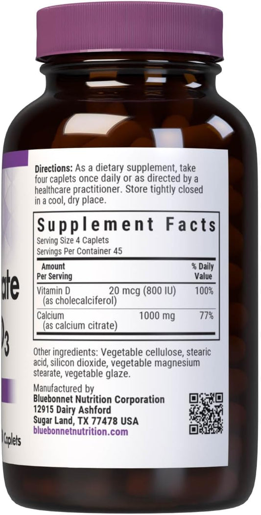 Bluebonnet Calcium Citrate Plus Vitamin D3 Caplets, 180 Count