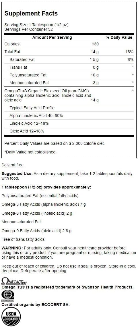 Swanson Organic Flaxseed Oil - Cold Pressed 14 G 16 Fl Oz Liq 4 Pack