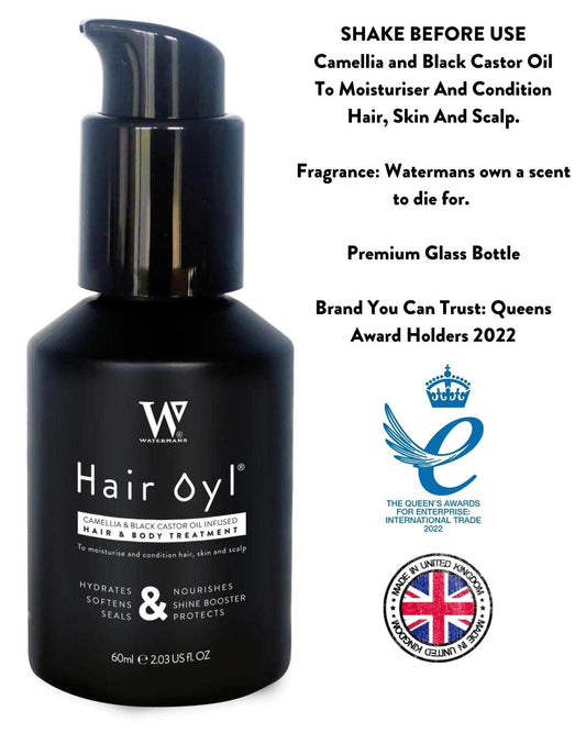 Watermans Hair Oyl 60 ml - Camellia & black castor infused hair & body oil treatment. Natural Hair Oil for dry damaged hair, Oil for frizzy hair and Curly hair