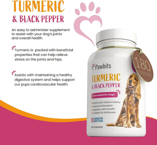 180 Turmeric For Dogs With Active Bioperine Black Pepper | Natural Premium Turmeric Curcumin Capsules Suitable For Cats, Horses & Pets Powerful Antioxidant Supplement For Hip & Joints
