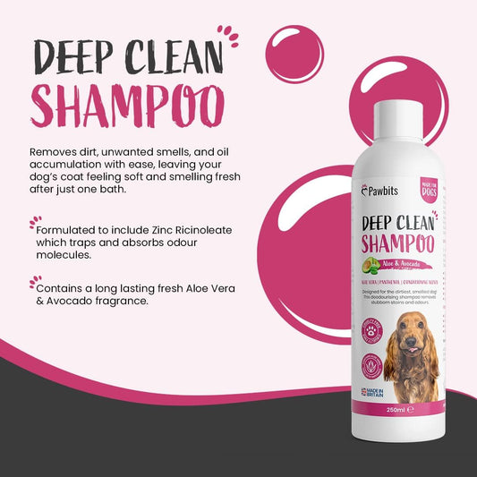 Pawbits Deep Clean Dog Shampoo & Conditioner For Smelly Dirty Dogs & Puppies – With Avocado B5 Aloe Vera. A Long Lasting Deodorising & Moisturising Shampoo – Uk Made Cruelty Free 250MlM0643