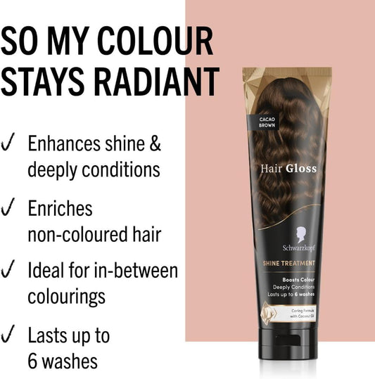 Schwarzkopf Hair Gloss Shine Treatment Cacao Brown 150Ml, Semi-Permanent Hair Dye, Temporary Hair Treatment To Condition And Colour Hair, Contains Coconut Oil, Enhances Colour And Reduces Breakage