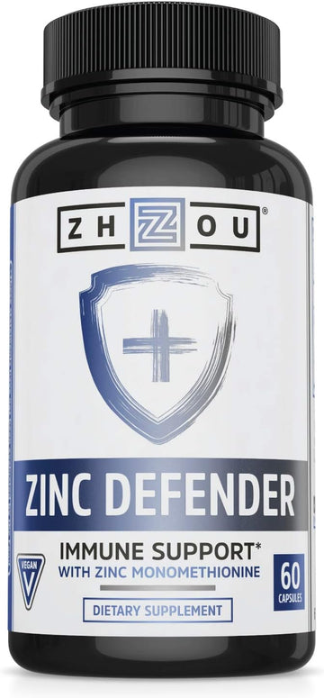 Zhou Nutrition Zinc Defender Capsules | Immune Support With Zinc Monomethionine | Gluten Free Zinc Supplement For Immune Support | 60 Capsules