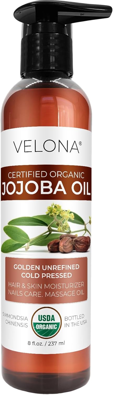 velona Organic Jojoba Oil 8 oz - 100% Pure, Unrefined Cold Pressed for Face, Hair, Body, Acne Prone Skin Care, Stretch Marks & Cuticles (With Pump) : Beauty & Personal Care