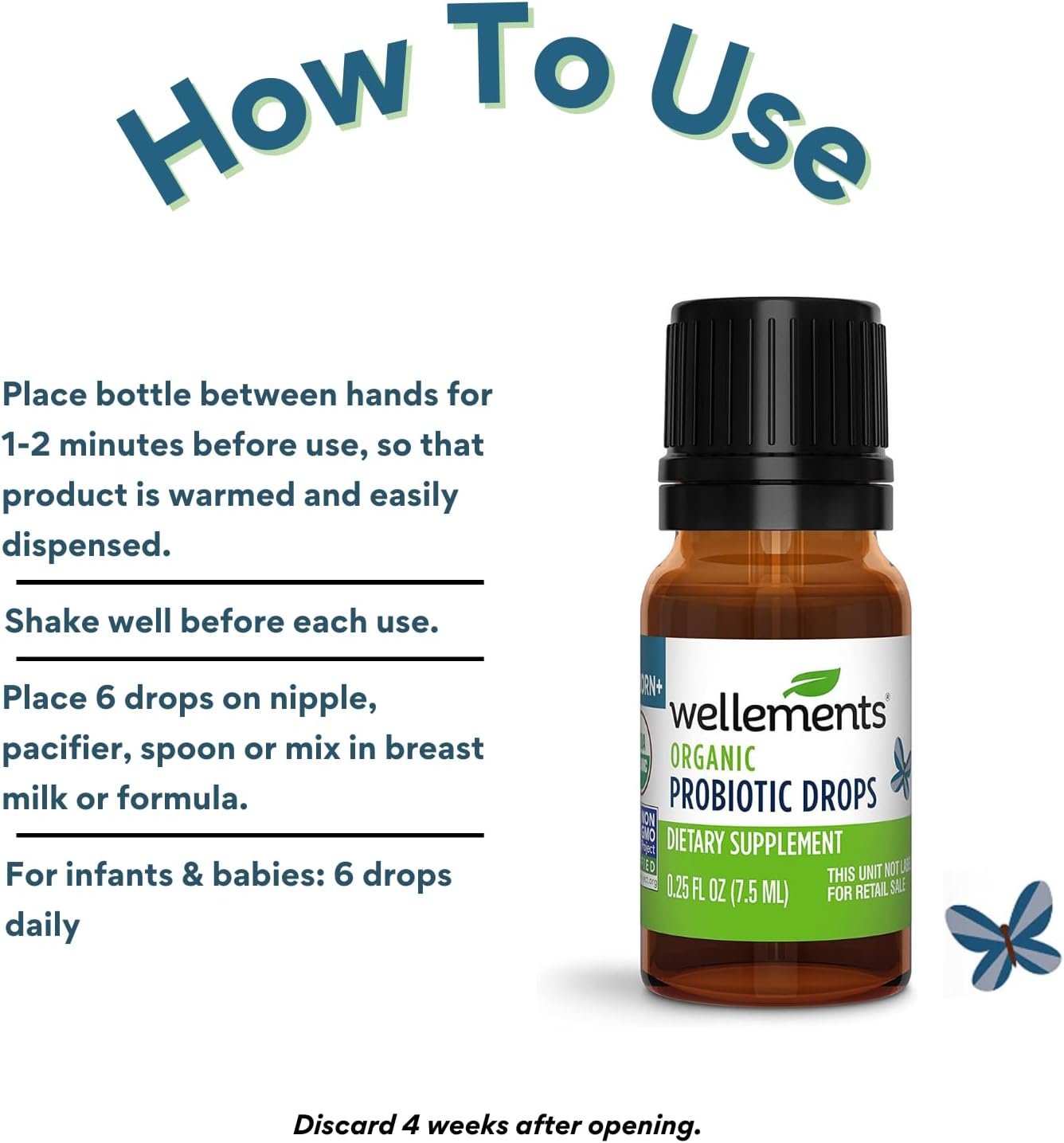 Wellements Organic Baby Probiotic Drops | Digestive and Immune Support for Infants and Toddlers | Essential Support for Baby Gut Health | USDA Organic | Preservative Free | 0.25 Fl Oz | Newborn+ : Baby