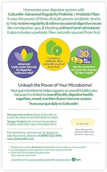 Culturelle Advanced Regularity Daily Probiotic For Women & Men, 30 Count, Probiotic + Prebiotic Fiber Restores Regularity & Reduces Occasional Constipation, Gas & Bloating, Gluten & Soy Free, Non-Gmo