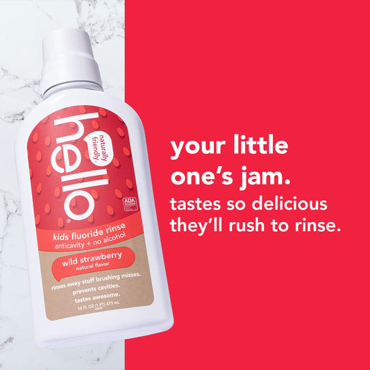 Hello Kids Wild Strawberry Natural Flavor Anticavity Fluoride Rinse - Vegan, Alcohol Free, and SLS Free Mouthwash for Children Age 2 and Up - 16 Ounce (Pack of 3)